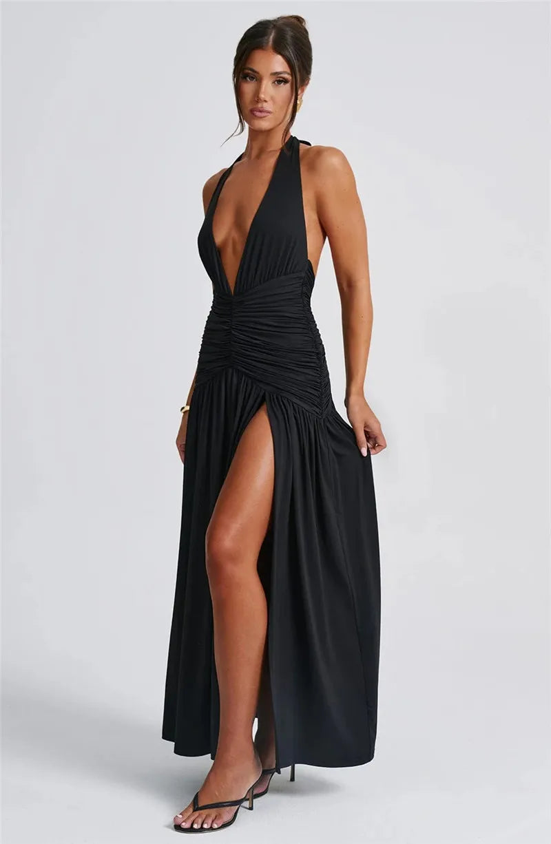 Open Back Solid Thigh High Split Long Dress Mssaz Desses