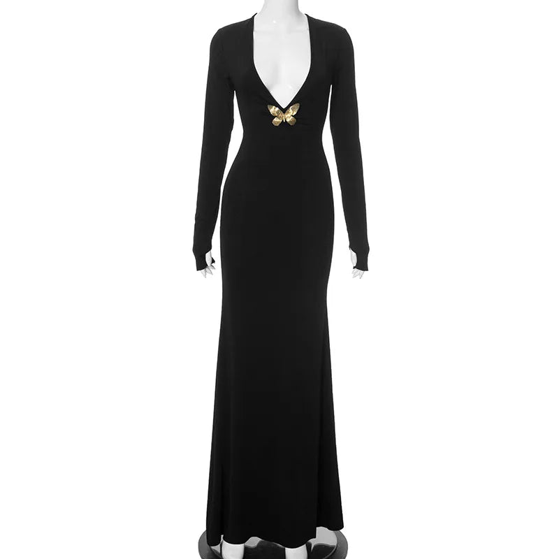 Black Fishtail Dress Dramatic Style with Butterfly Mssaz Desses