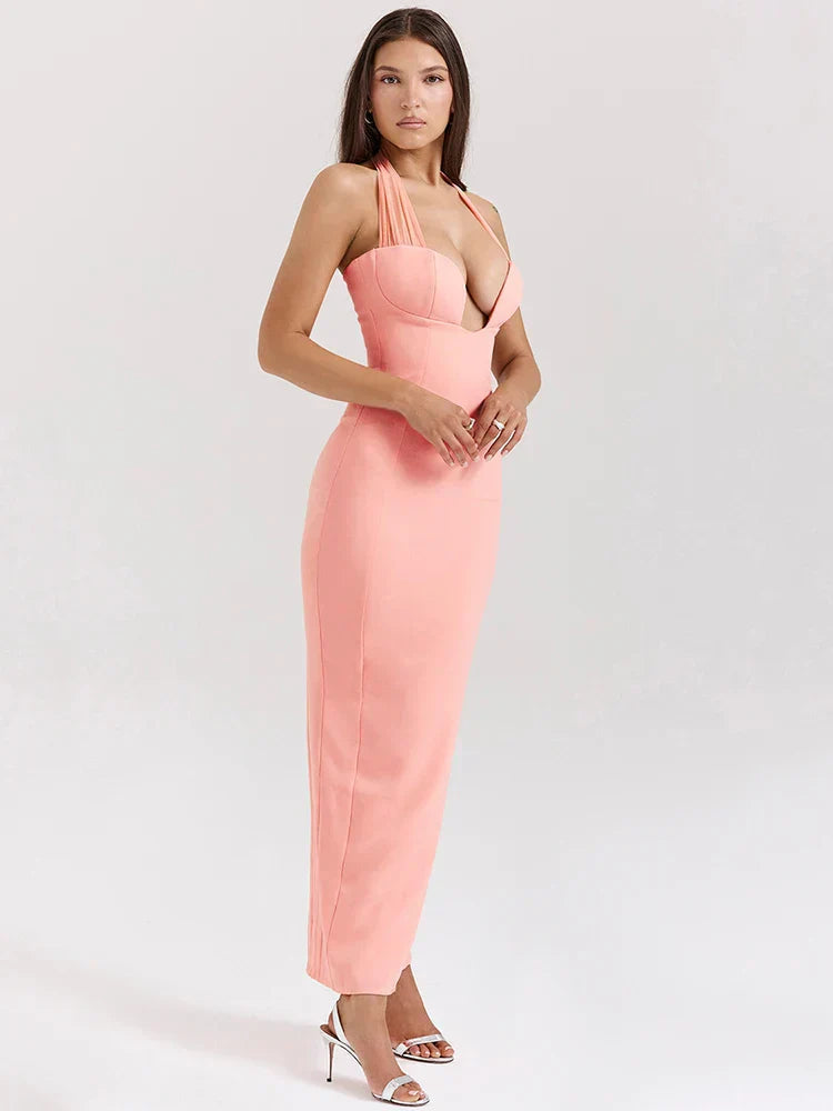 Pink Deep Neck Halter Bodycon Midi Dress Mssaz Desses