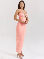 Pink Deep Neck Halter Bodycon Midi Dress Mssaz Desses
