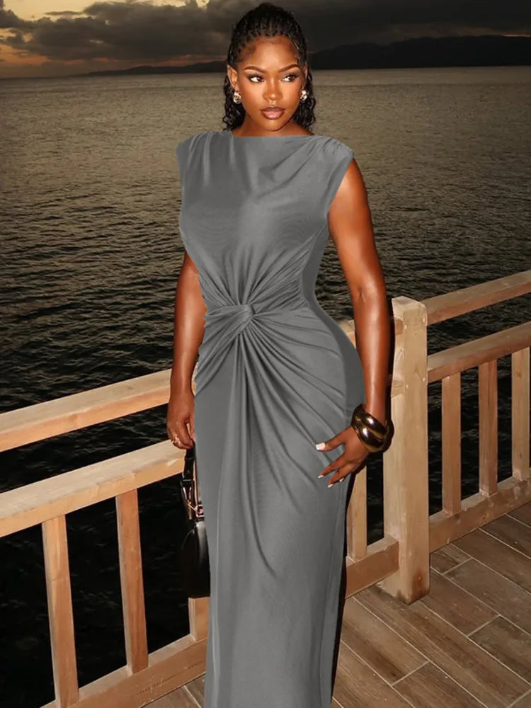Solid Boat Neck Twist Knot Long Dress Mssaz Desses