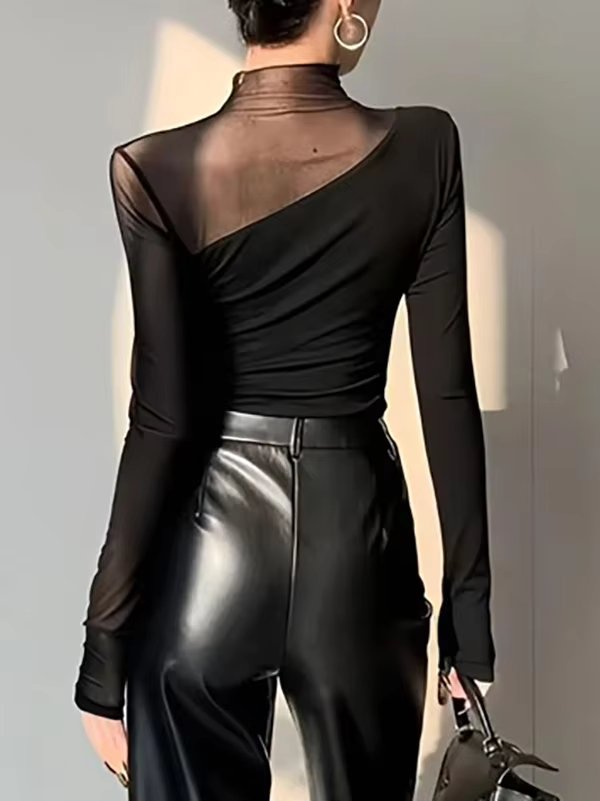 Long Sleeve Mesh Asymmetric Skinny Tops Mssza