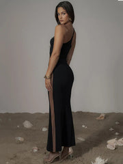 Black Mesh Patchwork One Shoulder Maxi Dress Mssaz Desses