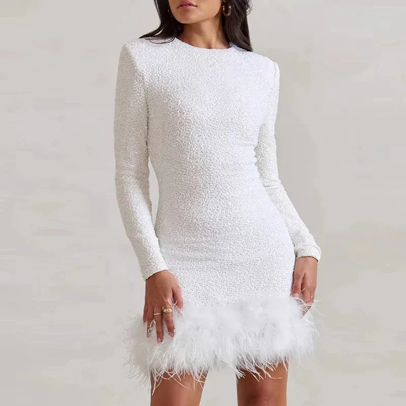 Long Sleeve Slim Sequins Feather Dress Mssaz Desses