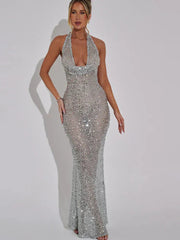 Open Back Sequins Sparkling Halter Maxi Dress Mssaz Desses