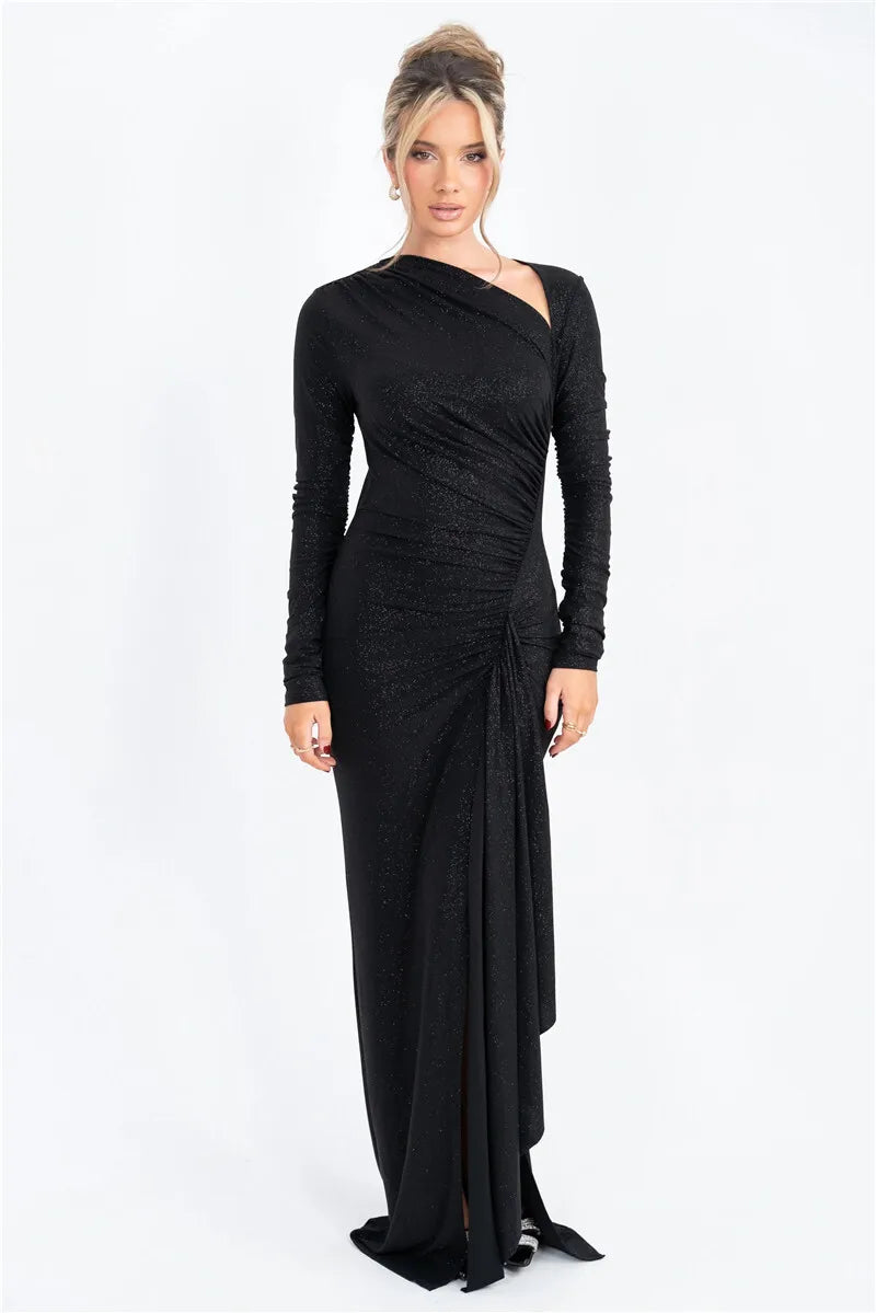 Long Sleeve Ruched Maxi Dress with Thigh-High Split Mssaz Desses