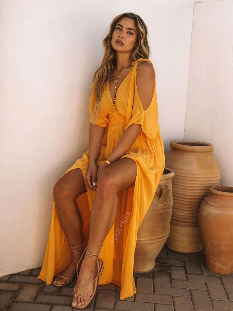 Elegant Solid Color Beach Wear Maxi Dresses Mssaz Desses
