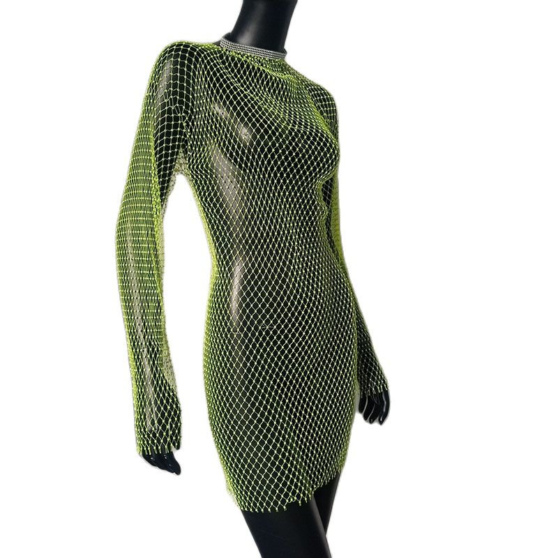 Bling Rhinestones Fishnet Mini Dress  Long Sleeve Crystal Dress Mssaz Desses
