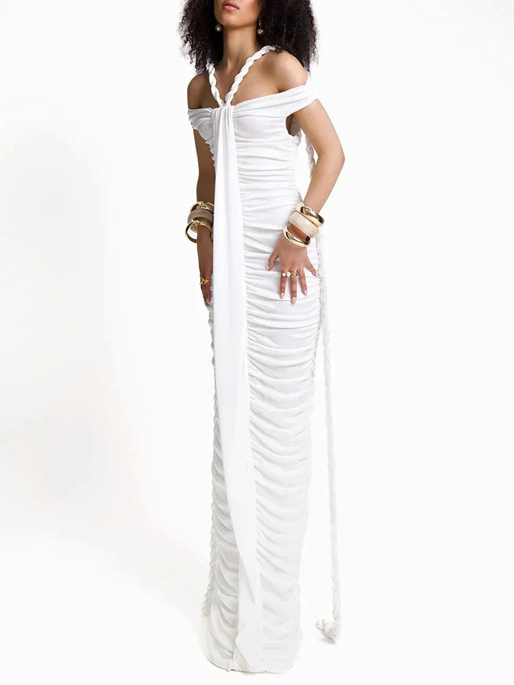Slash Neck Pleated Braid Ribbon Long Dress Mssaz Desses