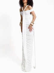 Slash Neck Pleated Braid Ribbon Long Dress Mssaz Desses