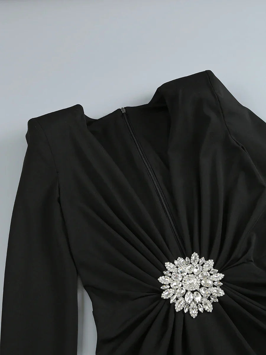 Deep V Neck Black Rhinestone Floor Long Dress Mssaz Desses
