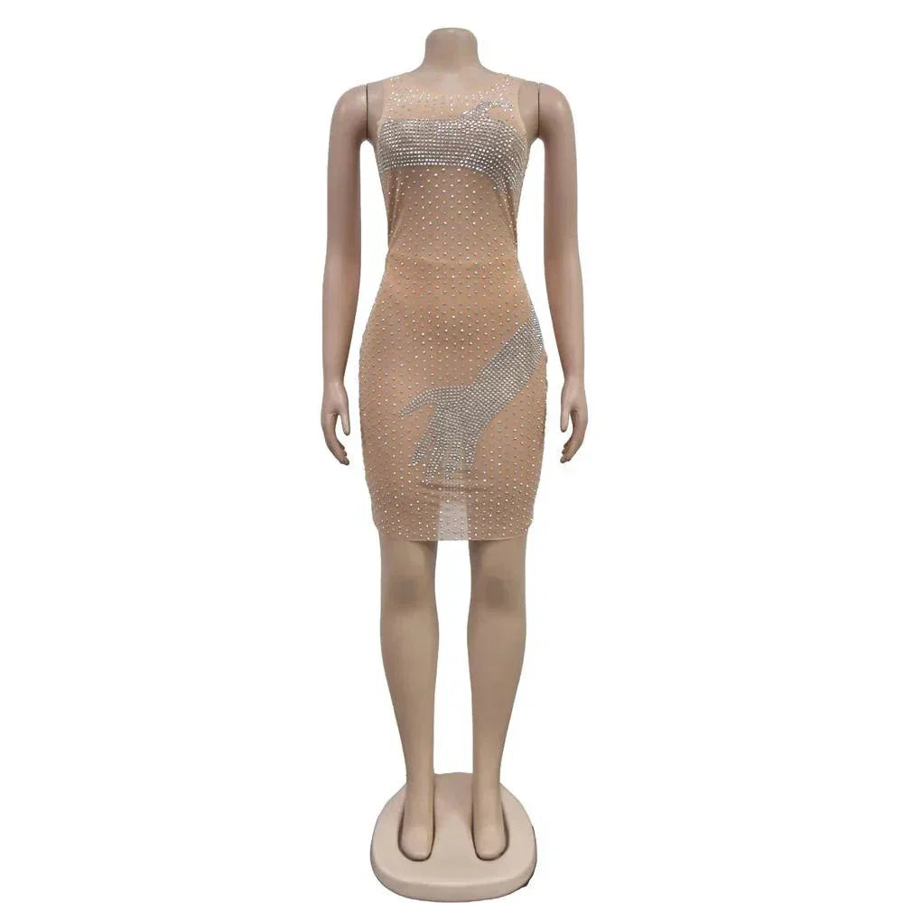 Mesh Rhinestone Round Neck Sleeveless Mini Dress Mssaz Desses