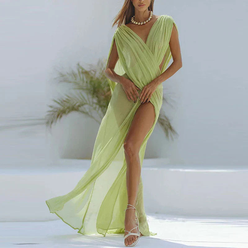 Mesh Perspective Solid Color Hollow Split Dress Mssaz Desses