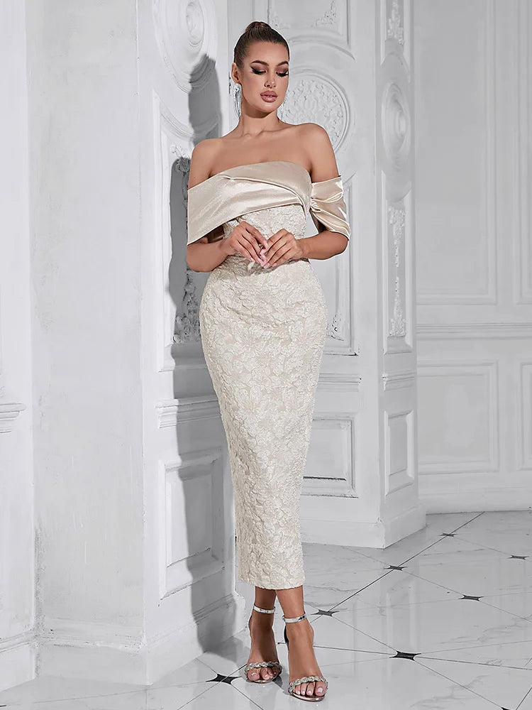 Slash Neck Embossed Flower Beige Dress Mssaz Desses