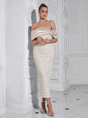 Slash Neck Embossed Flower Beige Dress Mssaz Desses