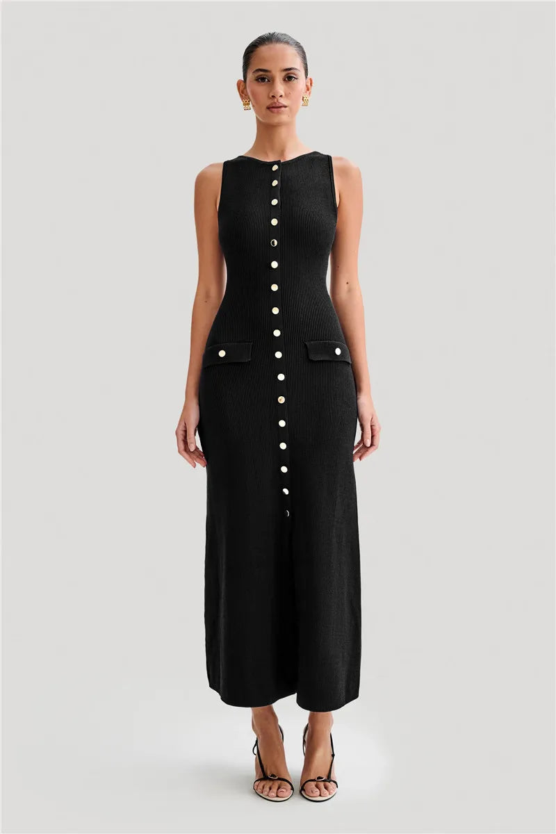 Knit Maxi Dress with Pockets Button-Front Mssaz Desses