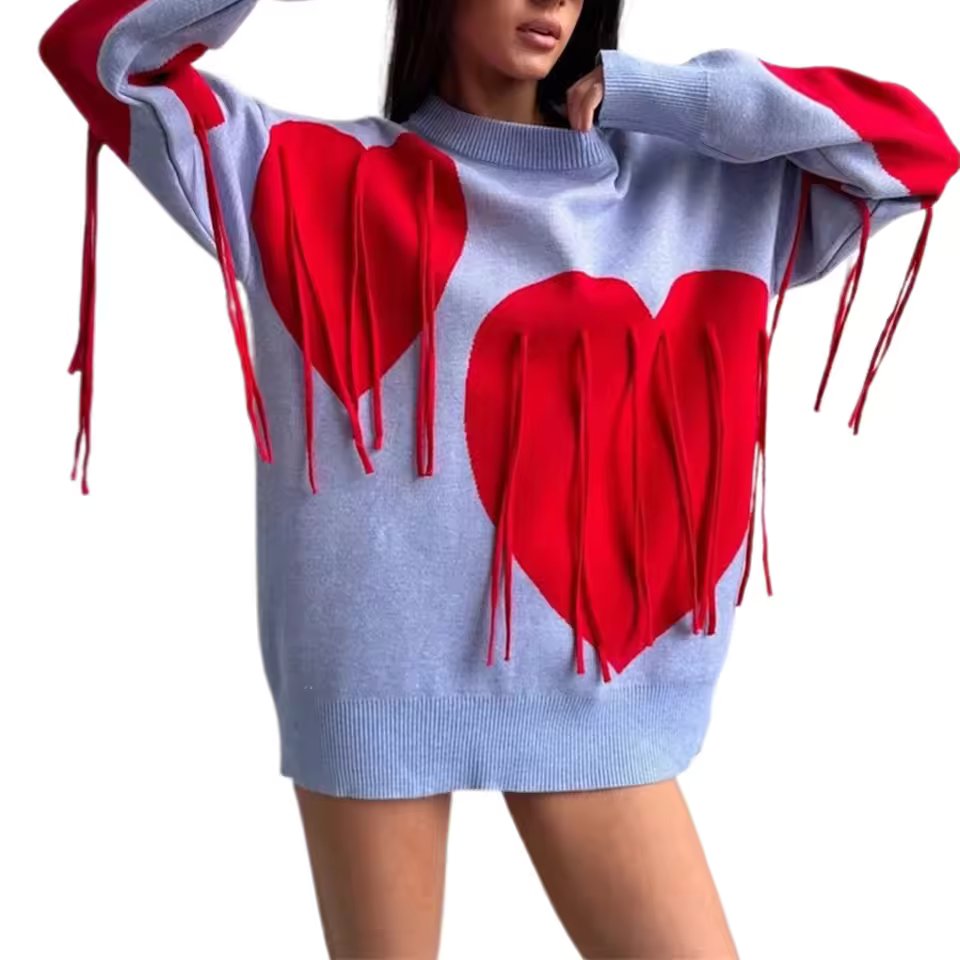 Round Neck Knitwear Tassel Contrast Color Long Sleeve Ribber Loose Fit  Sweater Tops Mssza