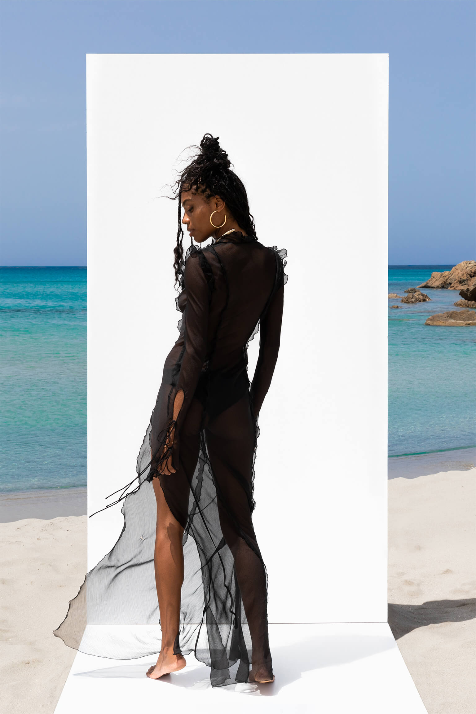 V neck Perspective Ruffle Drawstring Tight Maxi Dresses Mssaz Desses