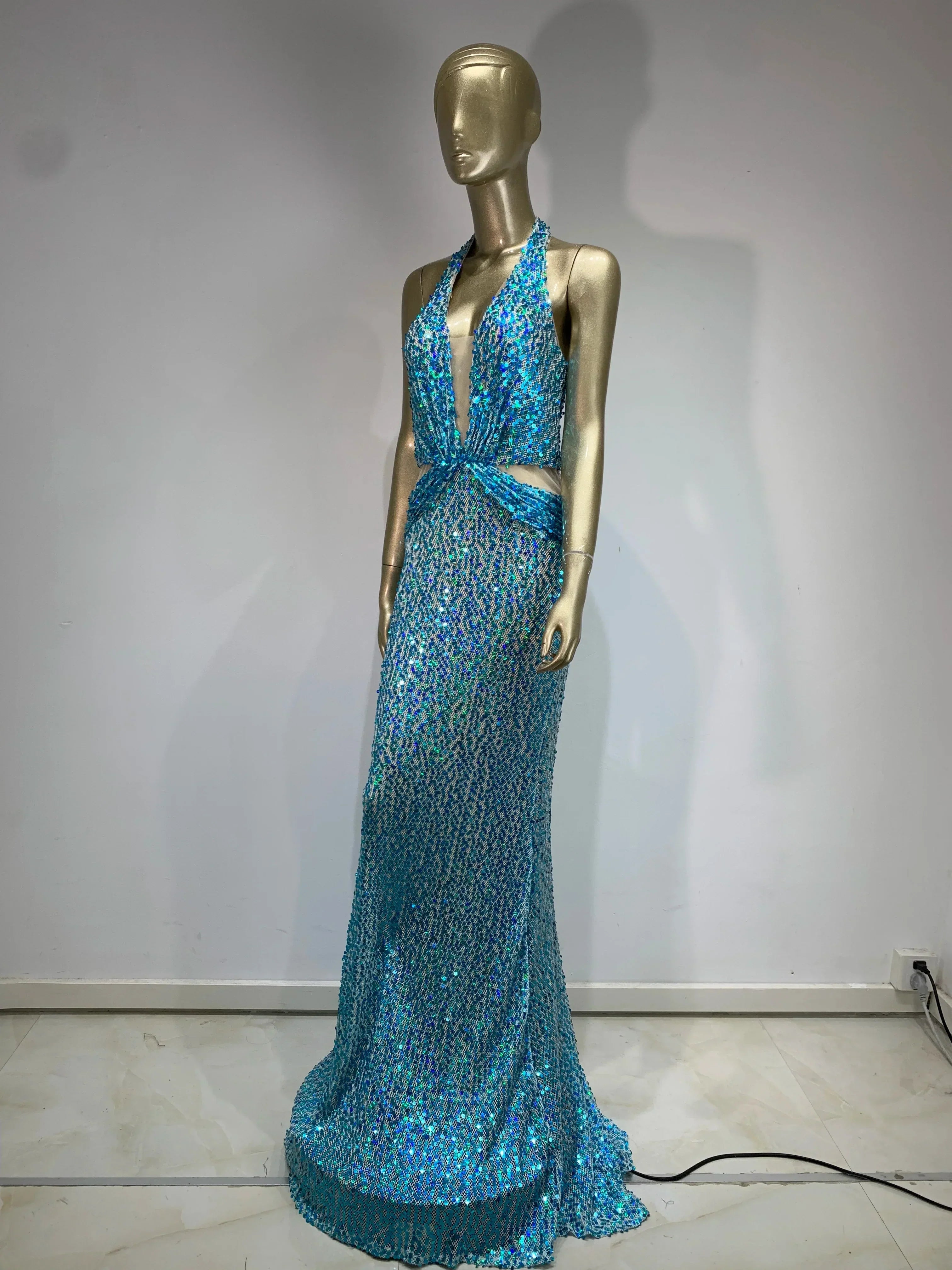 Halter Blue Sequins Sparkly Glitter Maxi Dress Mssaz Desses