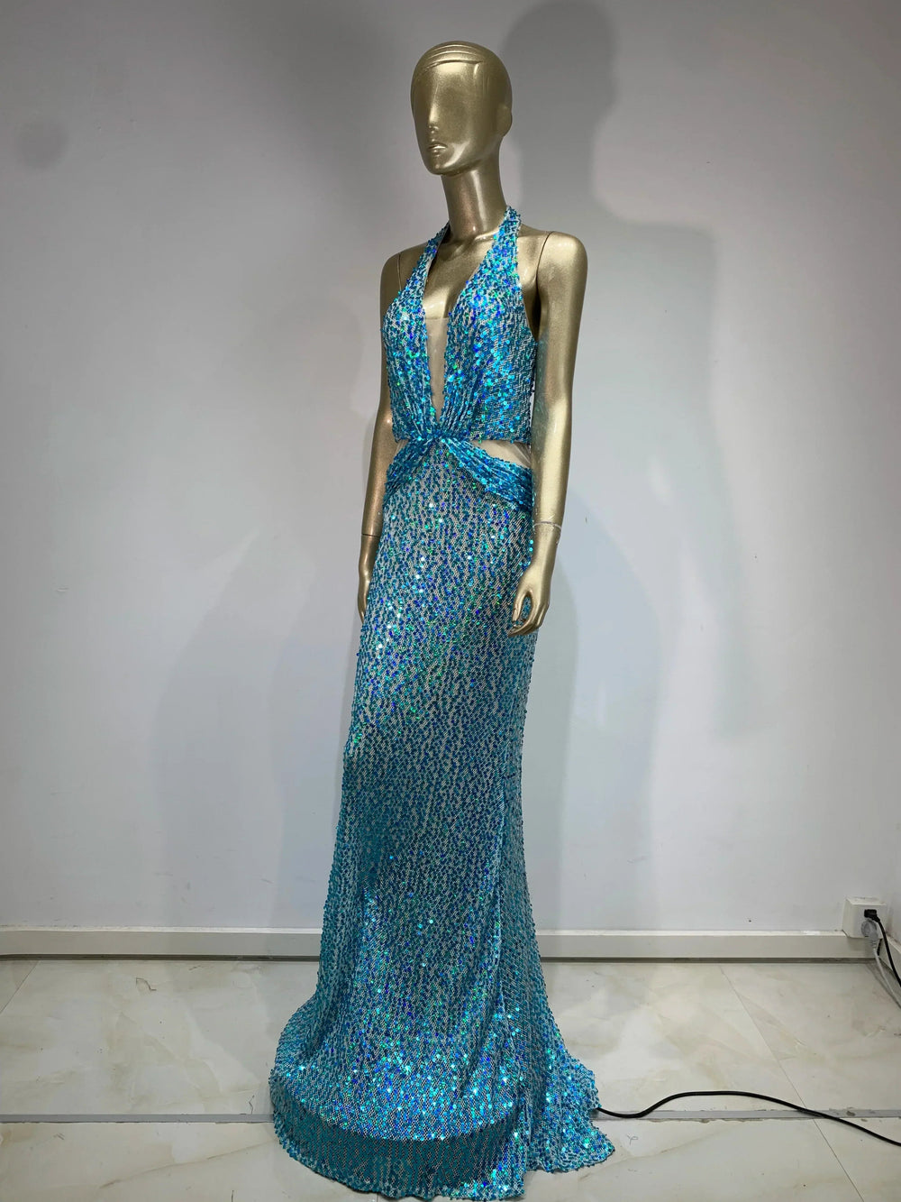 Halter Blue Sequins Sparkly Glitter Maxi Dress Mssaz Desses