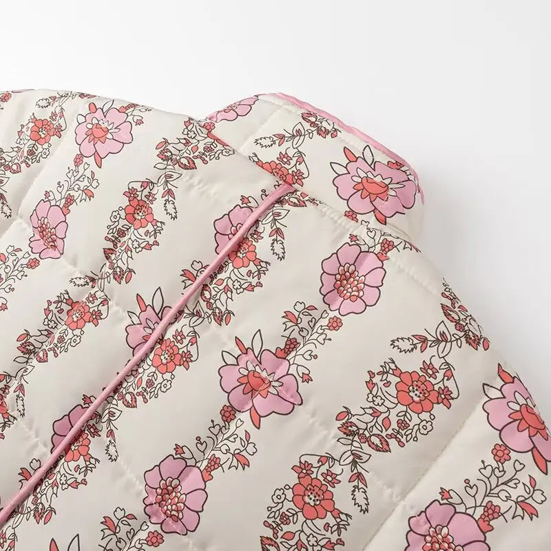 Pink Flower Print Stand neck Quilted Jacket Mssaz Desses