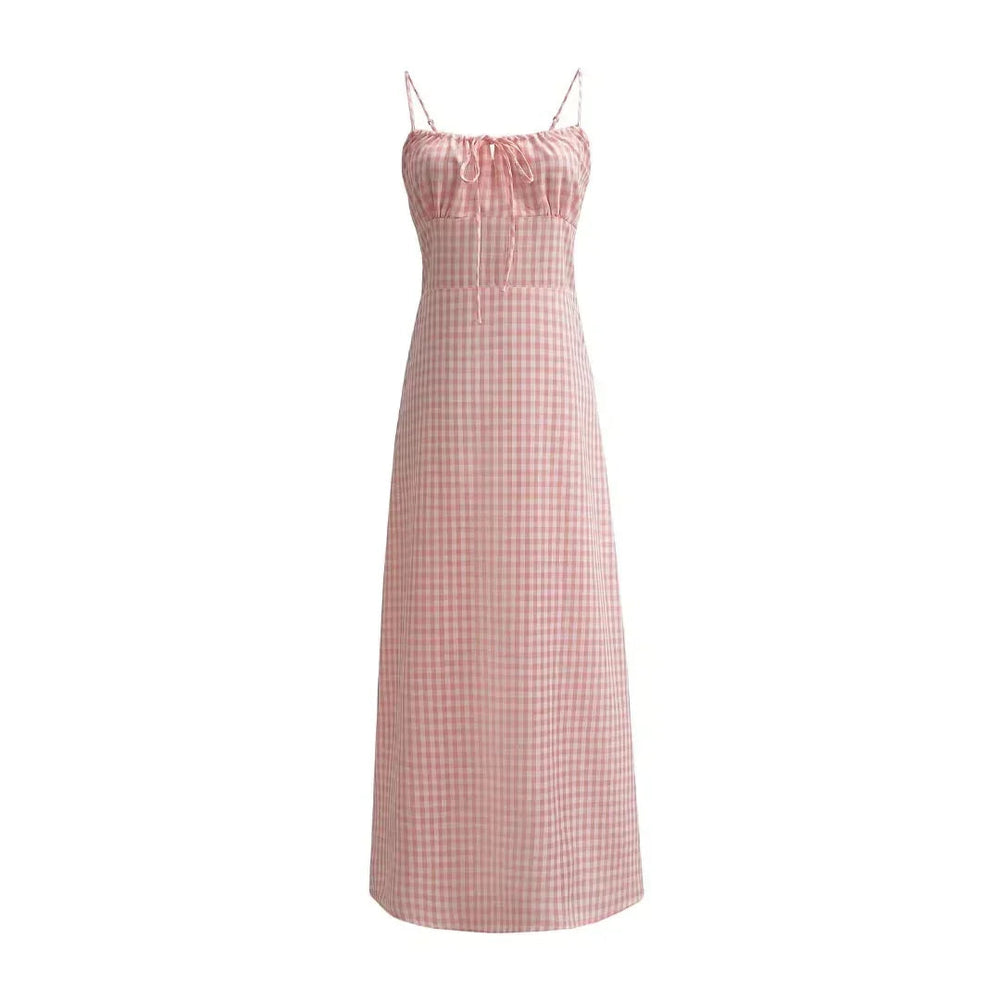 Spaghetti Strap Tie Up Plaid Pink Midi Dress Mssaz Desses