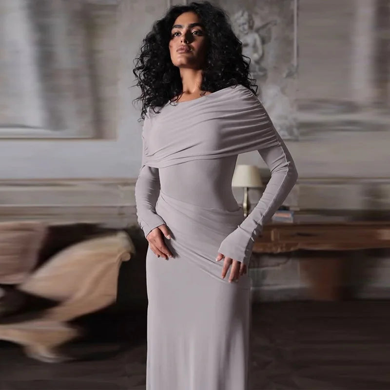 Solid Long Sleeve Irregular Splice Long Dress Mssaz Desses