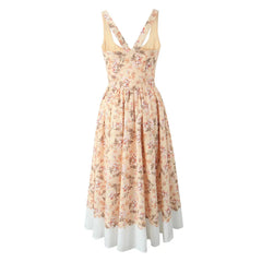 Slash Collar Flower Print Corset Style Pleated Midi Dress Mssaz Desses