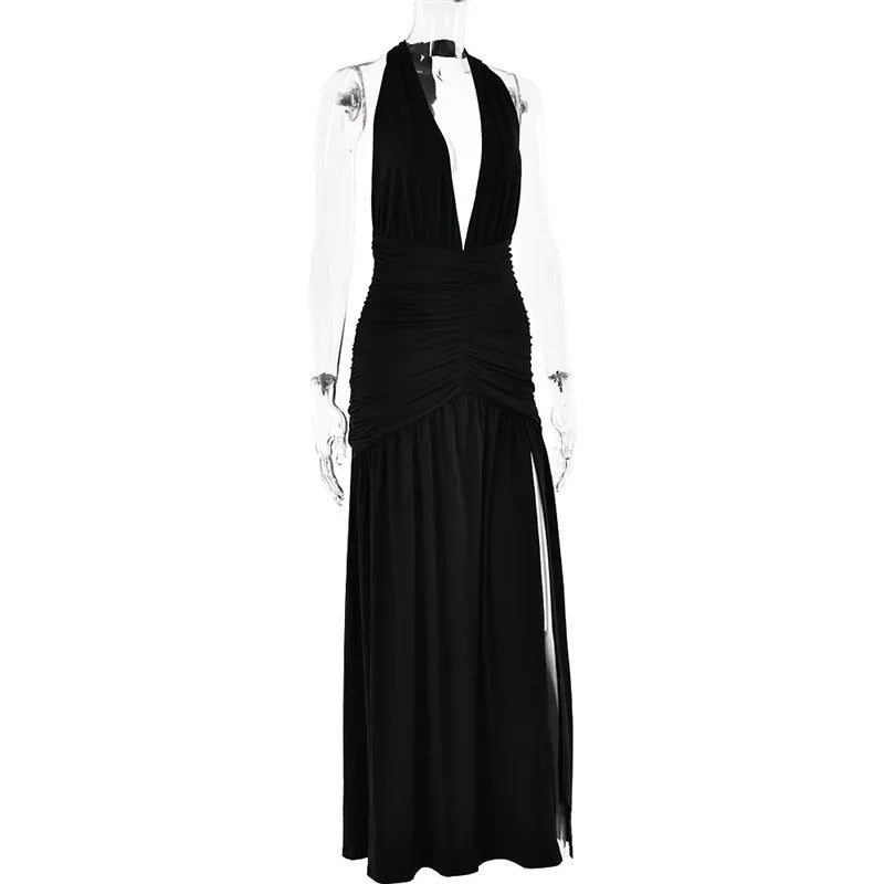 Open Back Solid Thigh High Split Long Dress Mssaz Desses
