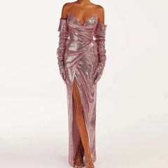 Sequined Strapless Slit Lace Up Ankle Length Dress Mssaz Desses
