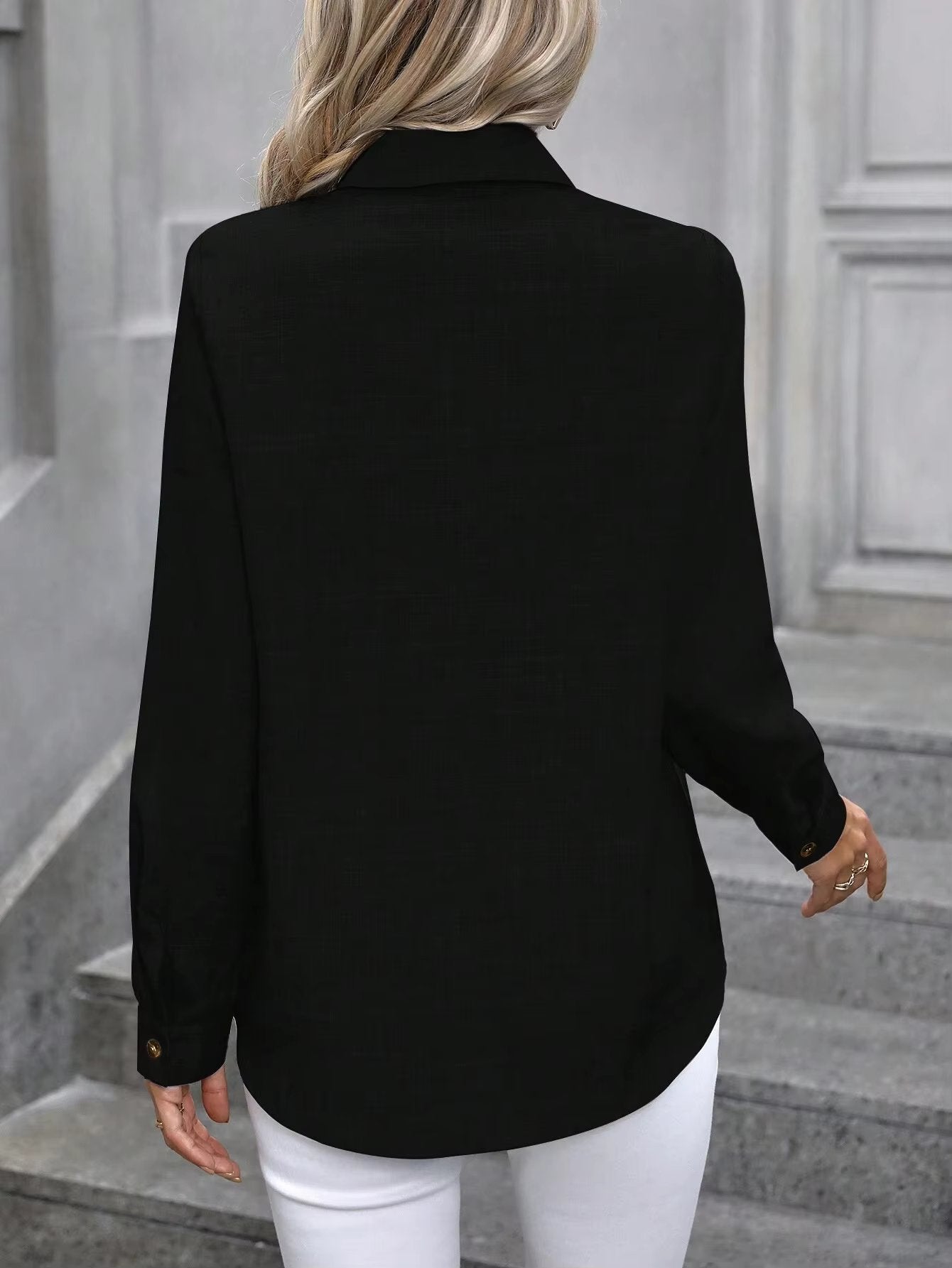 Casual A Solid Color Long-sleeved Lapel Simple Shirt Mssza