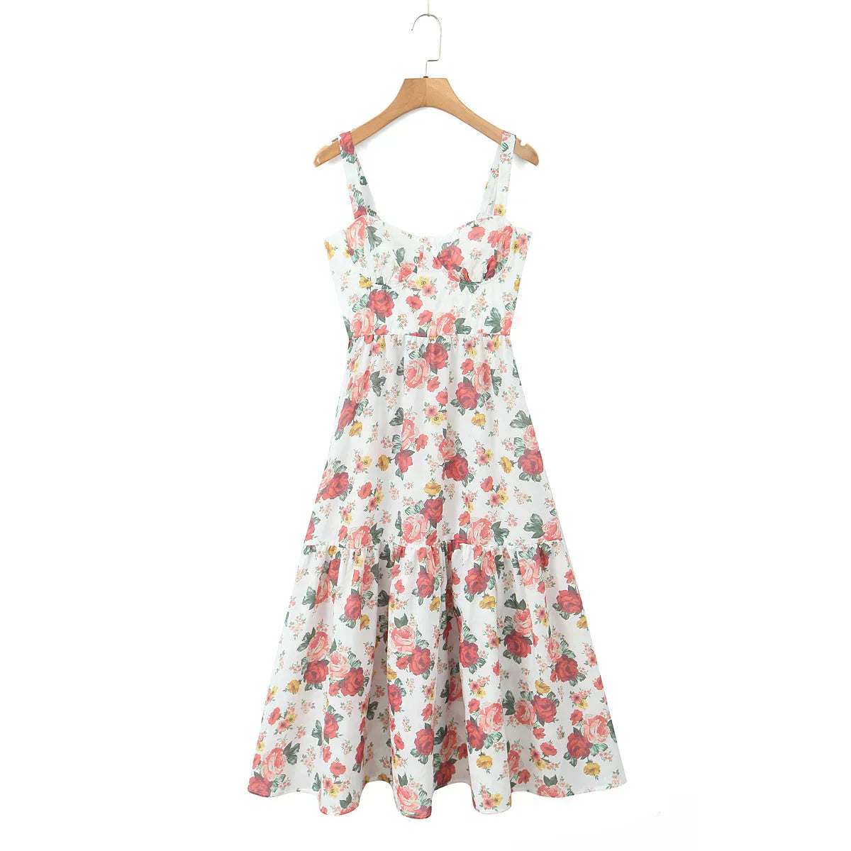 Flower Print Corset Style Ruffles Hem Midi Dress Mssaz Desses