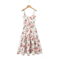 Flower Print Corset Style Ruffles Hem Midi Dress Mssaz Desses