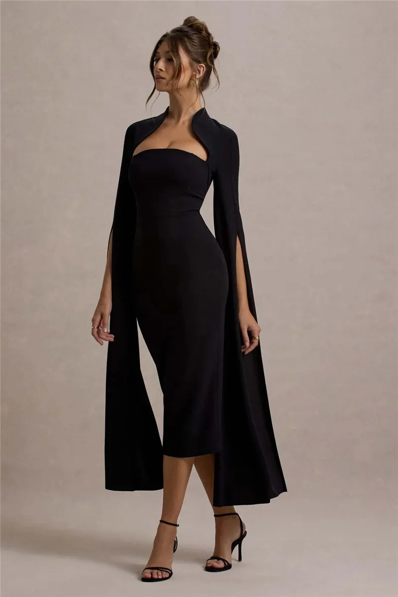 Cape Long Sleeve Square Collar Midi Dress Mssaz Desses