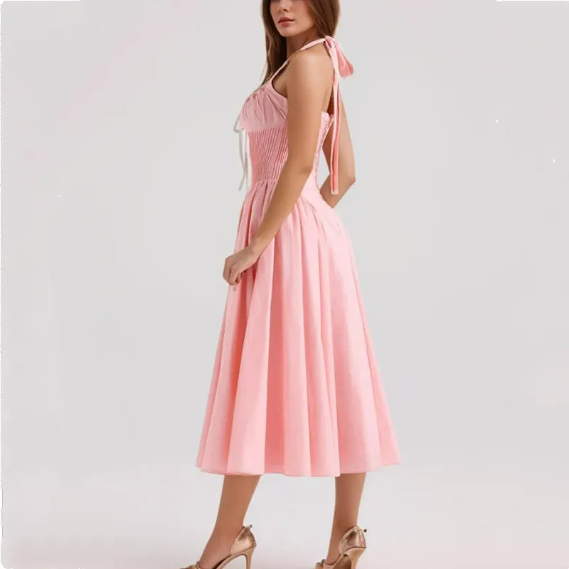 Corset Style Bow Halter Spliced Lace Midi Dress Mssaz Desses