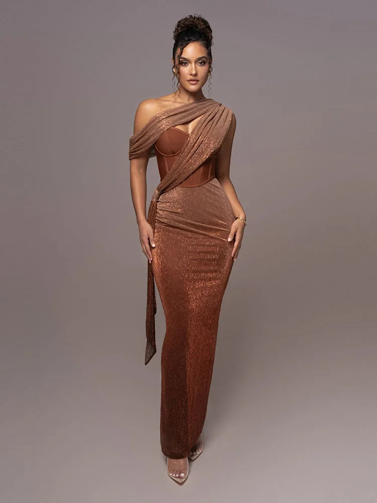 One Shoulder Draped Glitter Brown Maxi Dress Mssaz Desses
