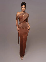 One Shoulder Draped Glitter Brown Maxi Dress Mssaz Desses