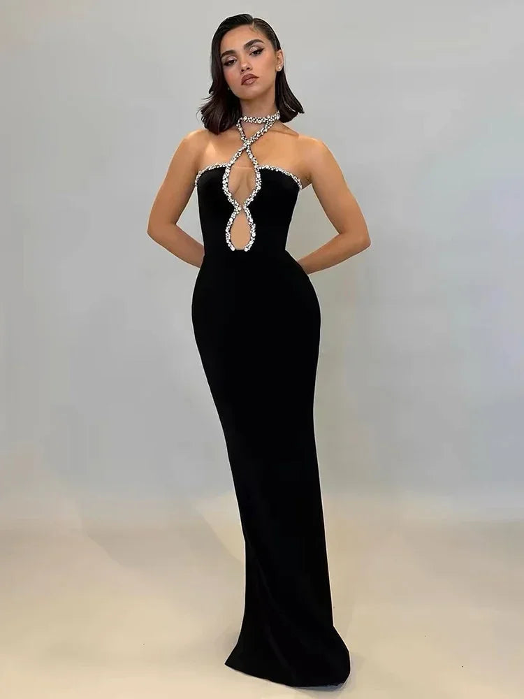 Black Diamond Strapless Maxi Bandage Dress Mssaz Desses