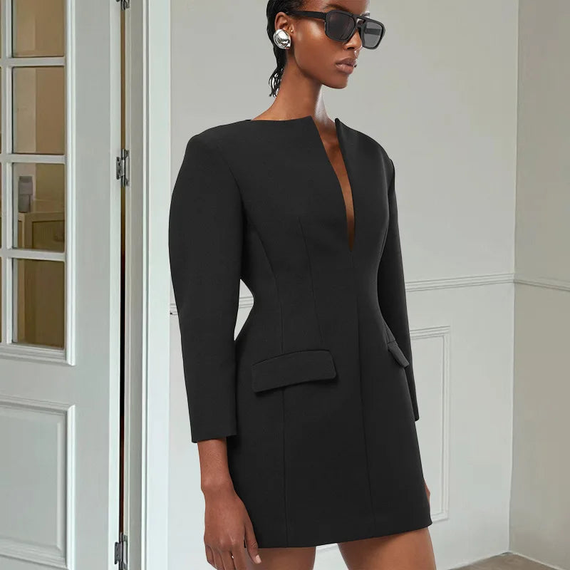Black Solid Long Sleeve Blazer Dress Mssaz Desses