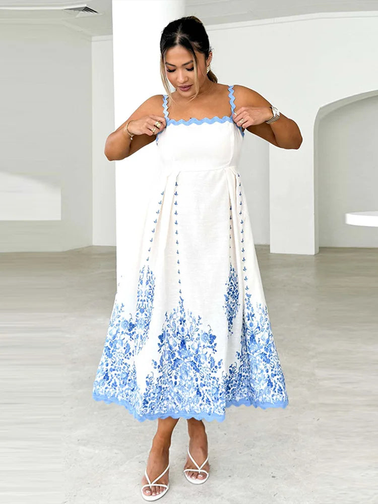 Square Collar Print Flower Sling Long Dress Mssaz Desses