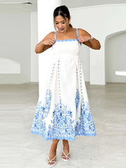 Square Collar Print Flower Sling Long Dress Mssaz Desses
