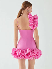 Pink One Shoulder Ruffles Mini Dress Mssaz Desses
