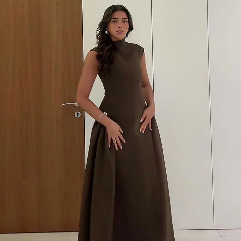 Slanted Collar Solid Pleated Long Dress Mssaz Desses