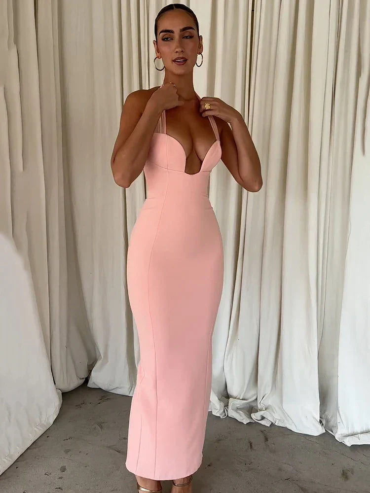 Pink Deep Neck Halter Bodycon Midi Dress Mssaz Desses