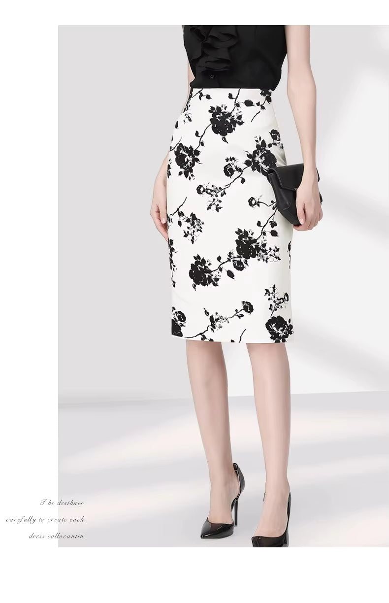 Elegant Floral Printed High Waist Back Slit Midi Pencil Skinny Skirts Mssza