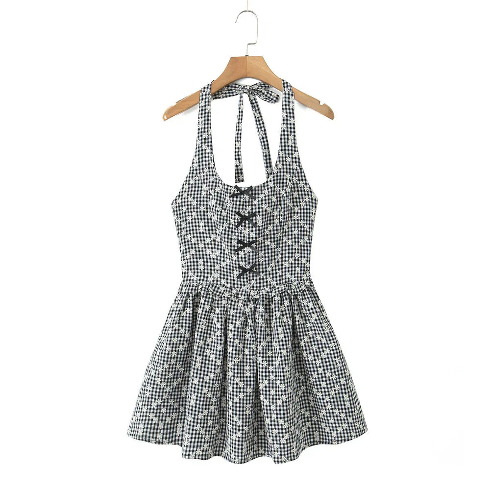 Gray Embroidery White Flower Bow Halter Mini Dress Mssaz Desses