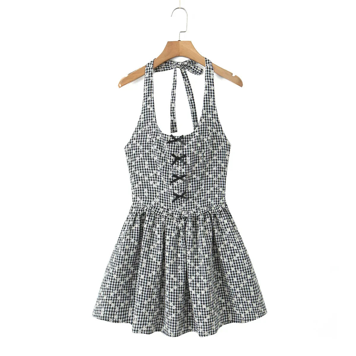 Gray Embroidery White Flower Bow Halter Mini Dress Mssaz Desses