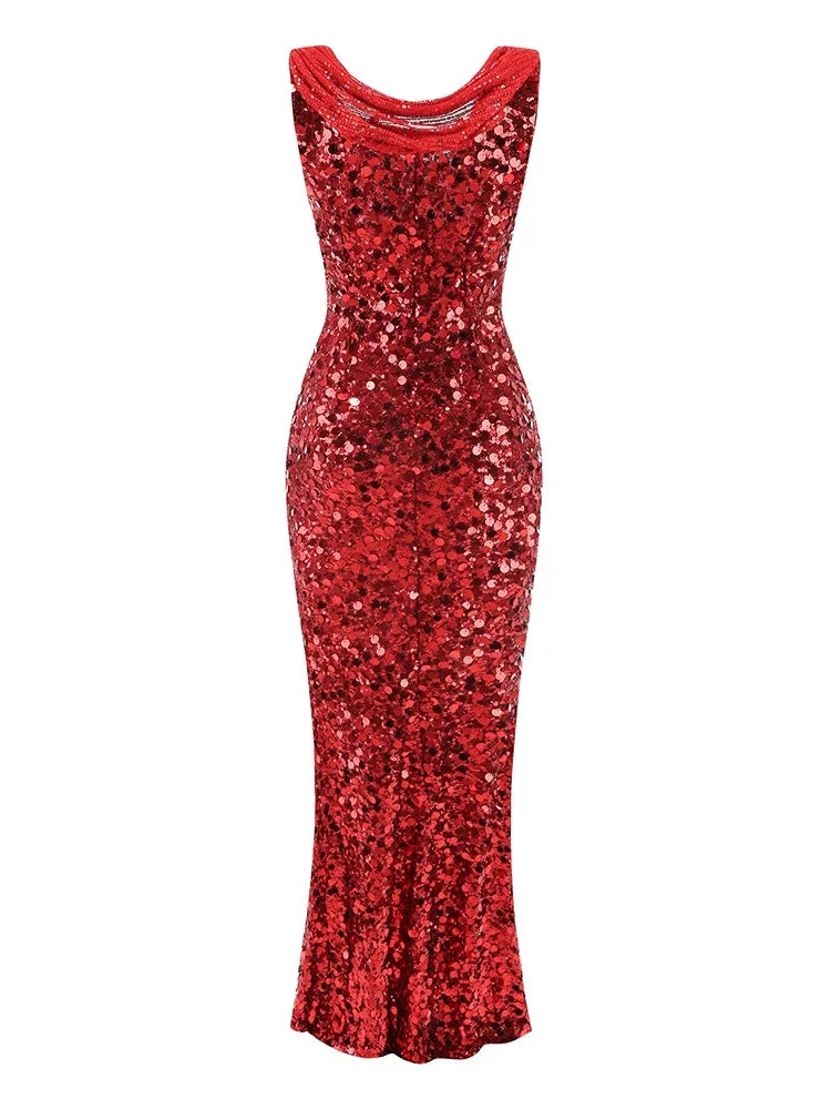 Swinging Neck Sequins Red Long Dress Mssaz Desses