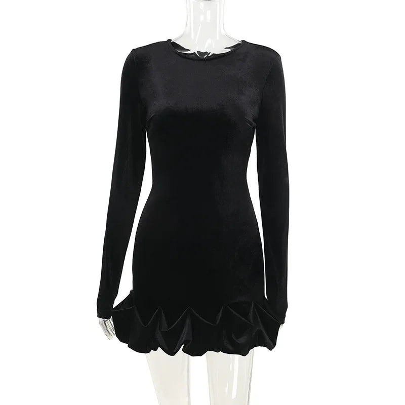 Velvet 3D Pleated Hem Long Sleeve Dress Mssaz Desses