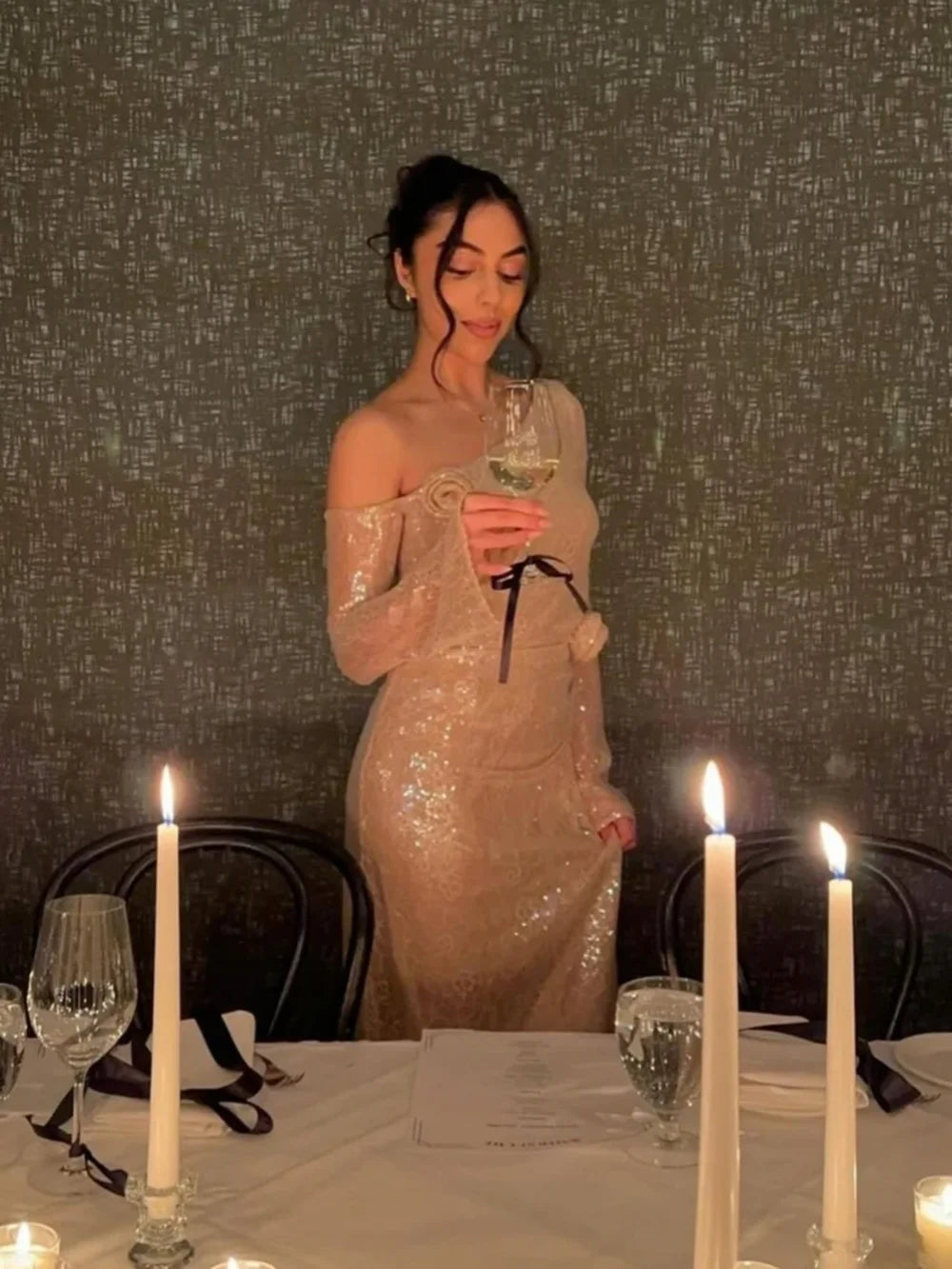 Mesh Sequin 3D Flower Long Sleeve Bodycon Maxi Dress Mssaz Desses